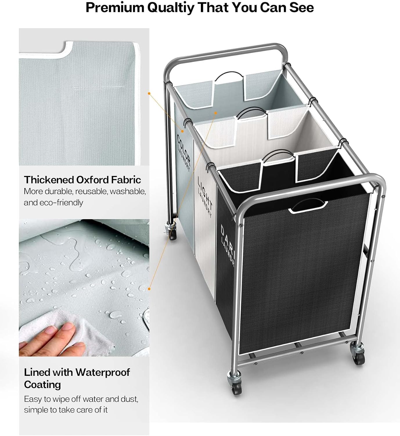 Laundry Sorter Hamper 3 Section, Divided Laundry Basket Organizer | Rolling Clothes Hamper with Heavy Duty Lockable