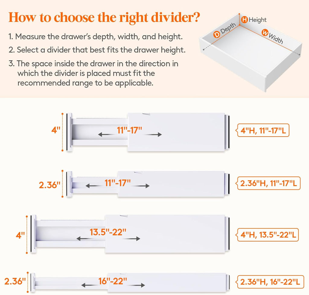 5 Pack Upgrade Drawer Dividers for Clothes, 4" High 11"-17" Adjustable Dresser Drawer Organizers, Expandable White