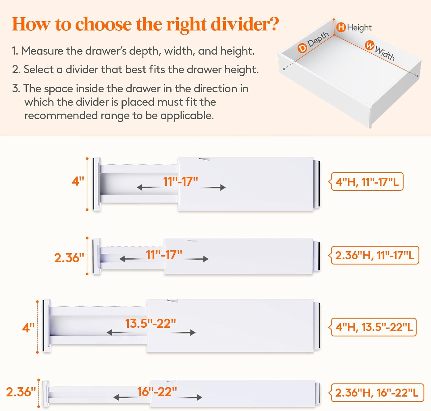 8 Pack Upgrade Drawer Dividers for Clothes, 4" High 11"-17" Adjustable Dresser Drawer Organizers, Expandable White