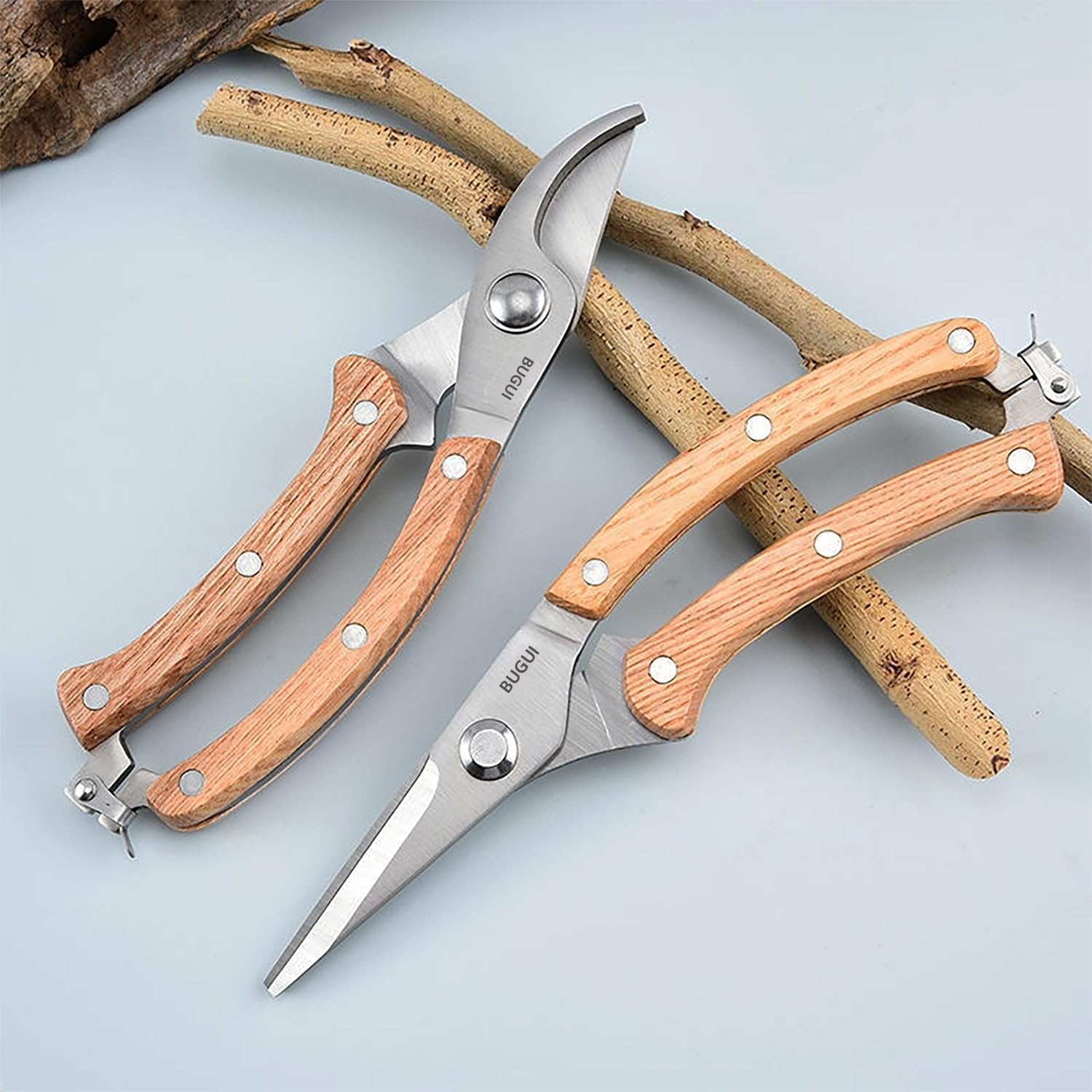 8” Wood Handle Garden Scissors, Set of 2, Includes Bypass Pruning Shears and Long Straight Tip Clippers, Premium