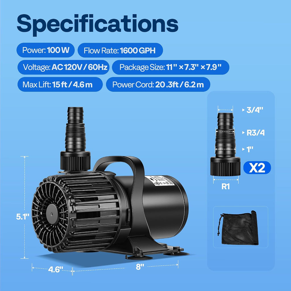 100W Pond Pump, 1600GPH Submersible Water Pump for Koi Pond
