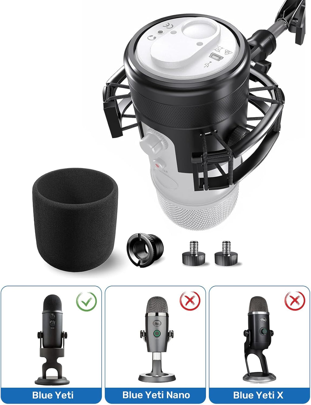 Custom Built Shock Mount with Pop Filter for Blue Yeti Microphones, Black | Metal Outer Ring, Anti-Vibration