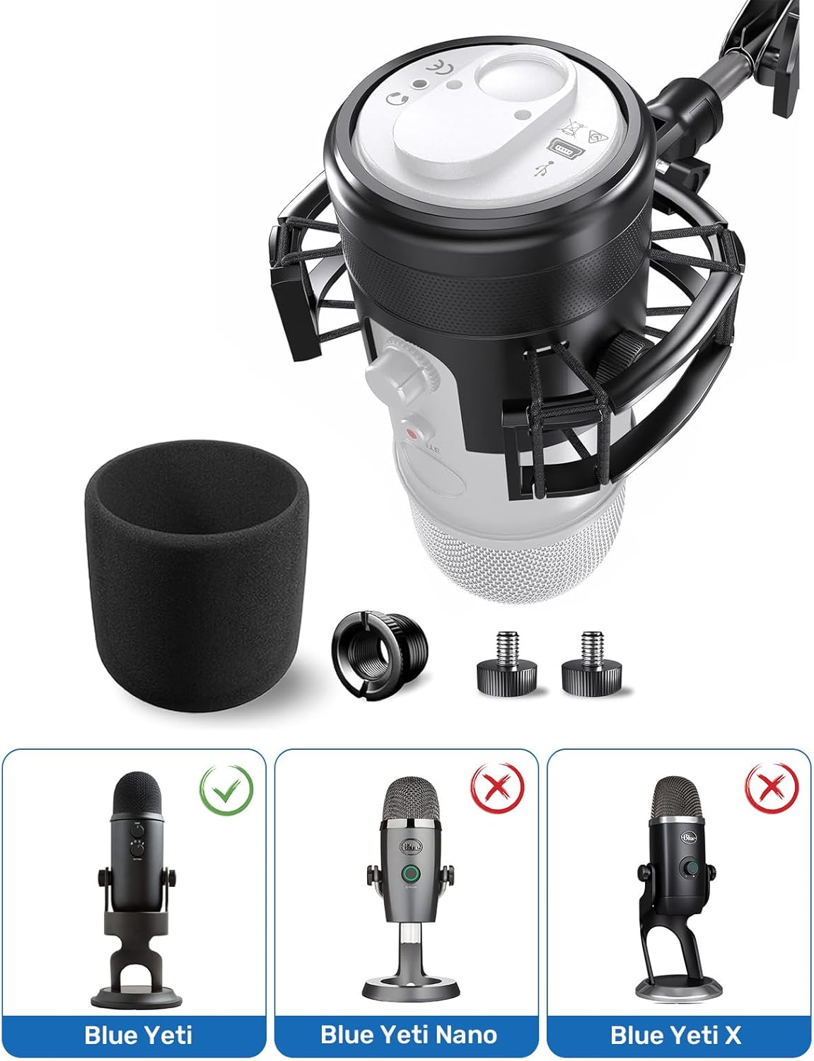 Custom Built Shock Mount with Pop Filter for Blue Yeti Microphones, Black | Metal Outer Ring, Anti-Vibration