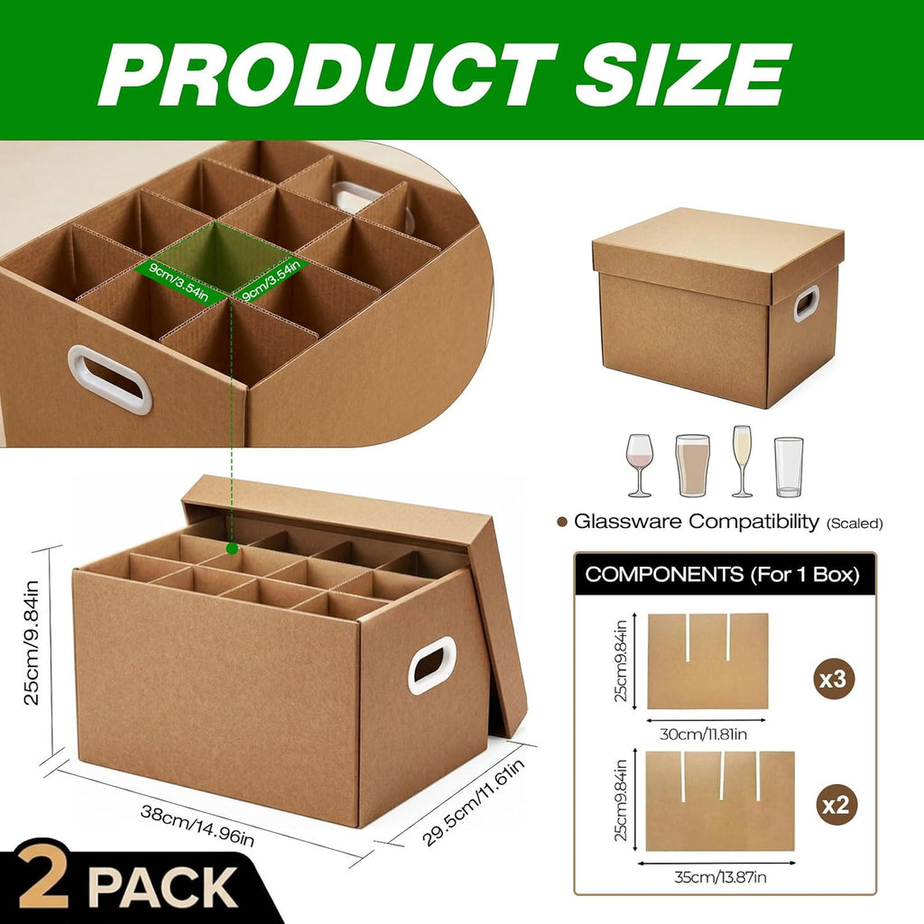 Wine Glass Moving Boxes with Handles & Lids,2 Pack Glass Packing Boxes