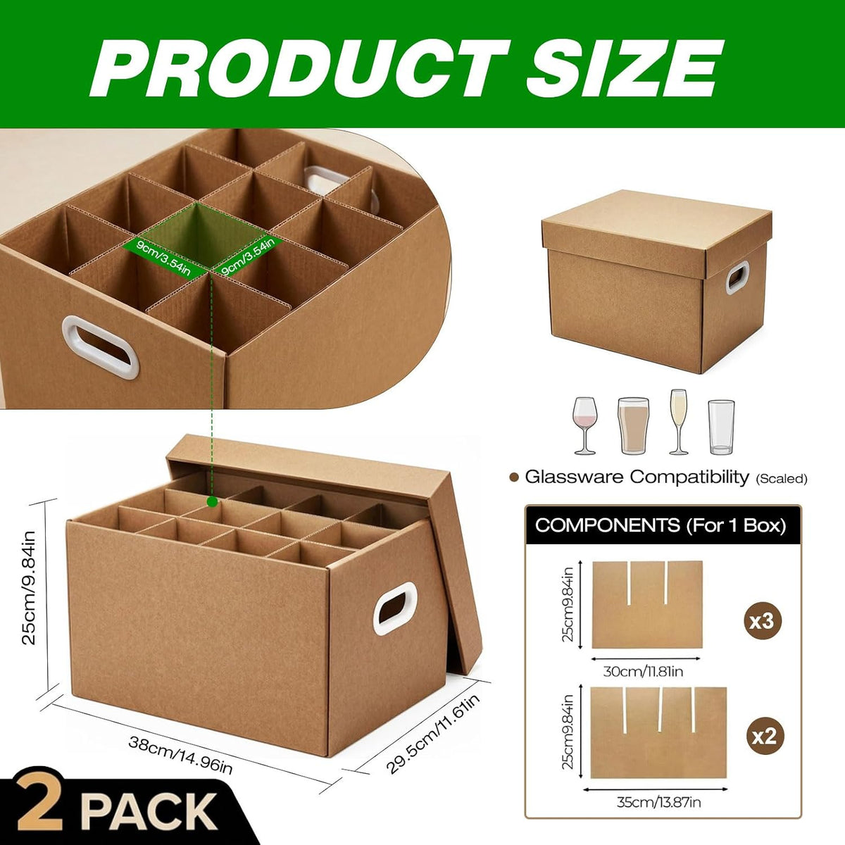Wine Glass Moving Boxes with Handles & Lids,2 Pack Glass Packing Boxes