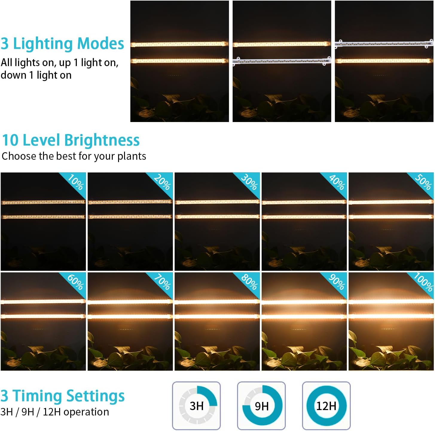 LED Grow Light Strips for Indoor Plants Full Spectrum 3500K, 96 LEDs Plant Light Bar with 3/9/12H Timer, 10 Dimmable