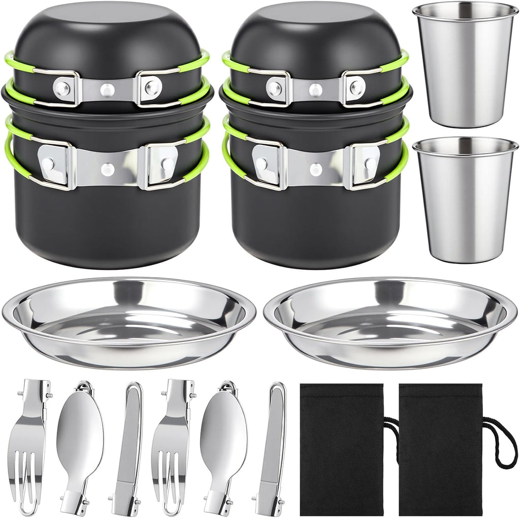 18-Pcs Camping Cookware Mess Kit for 2, Non-Stick Lightweight Pot Pan Set with Stainless Steel Cups & Plates, Folding