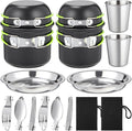 18-Pcs Camping Cookware Mess Kit for 2, Non-Stick Lightweight Pot Pan Set with Stainless Steel Cups & Plates, Folding