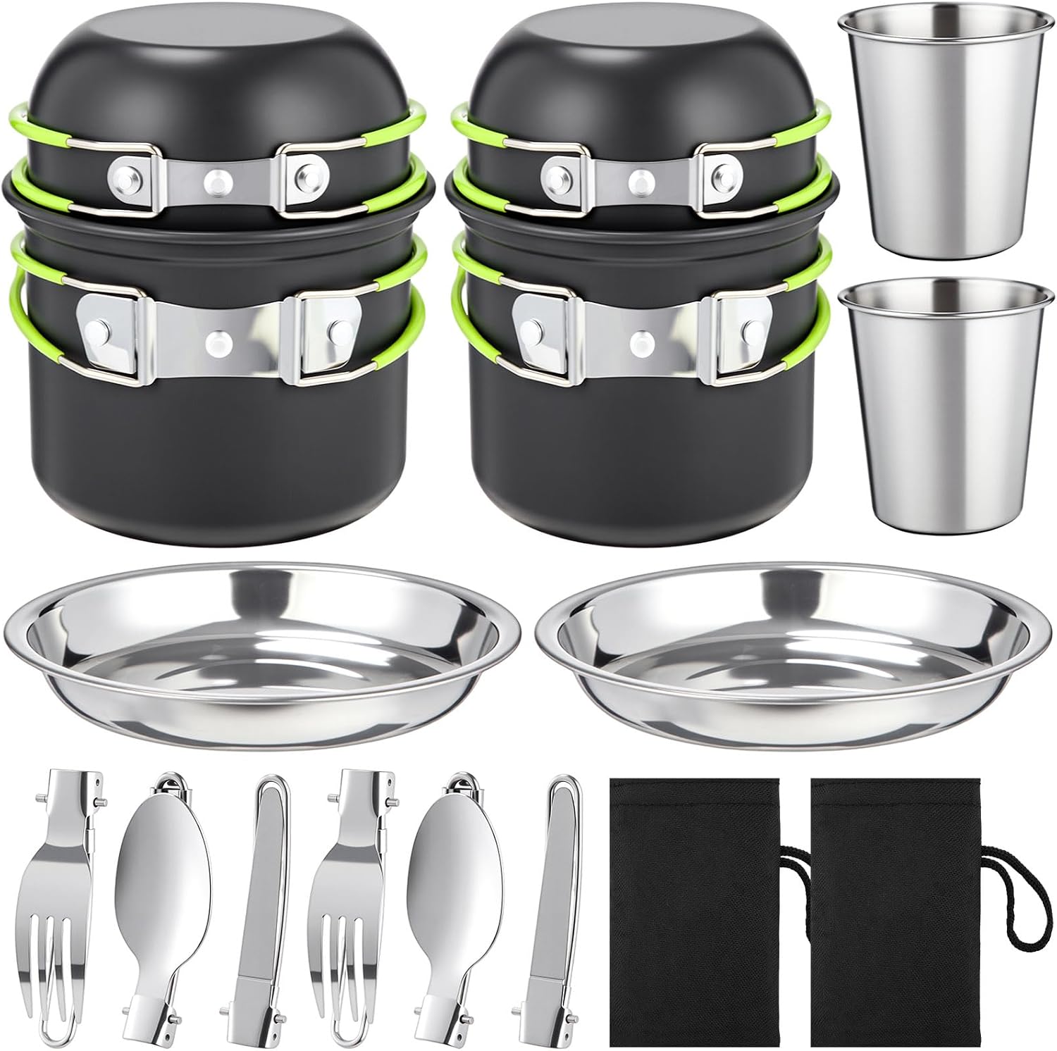 18-Pcs Camping Cookware Mess Kit for 2, Non-Stick Lightweight Pot Pan Set with Stainless Steel Cups & Plates, Folding
