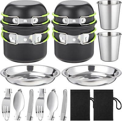18-Pcs Camping Cookware Mess Kit for 2, Non-Stick Lightweight Pot Pan Set with Stainless Steel Cups & Plates, Folding
