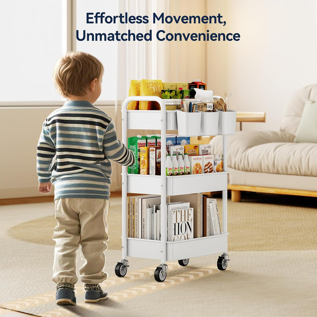 3 Tier Rolling Cart, Heavy Duty Metal Utility Cart with Wheel White