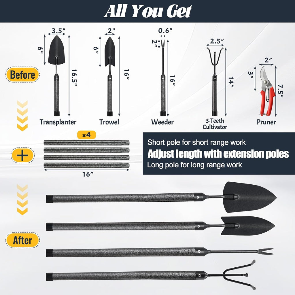 Garden Tool Set with Extended Long Handle, 5 Pieces Stainless Steel Gardening Tool Kit, Gifts for Parents and Kids
