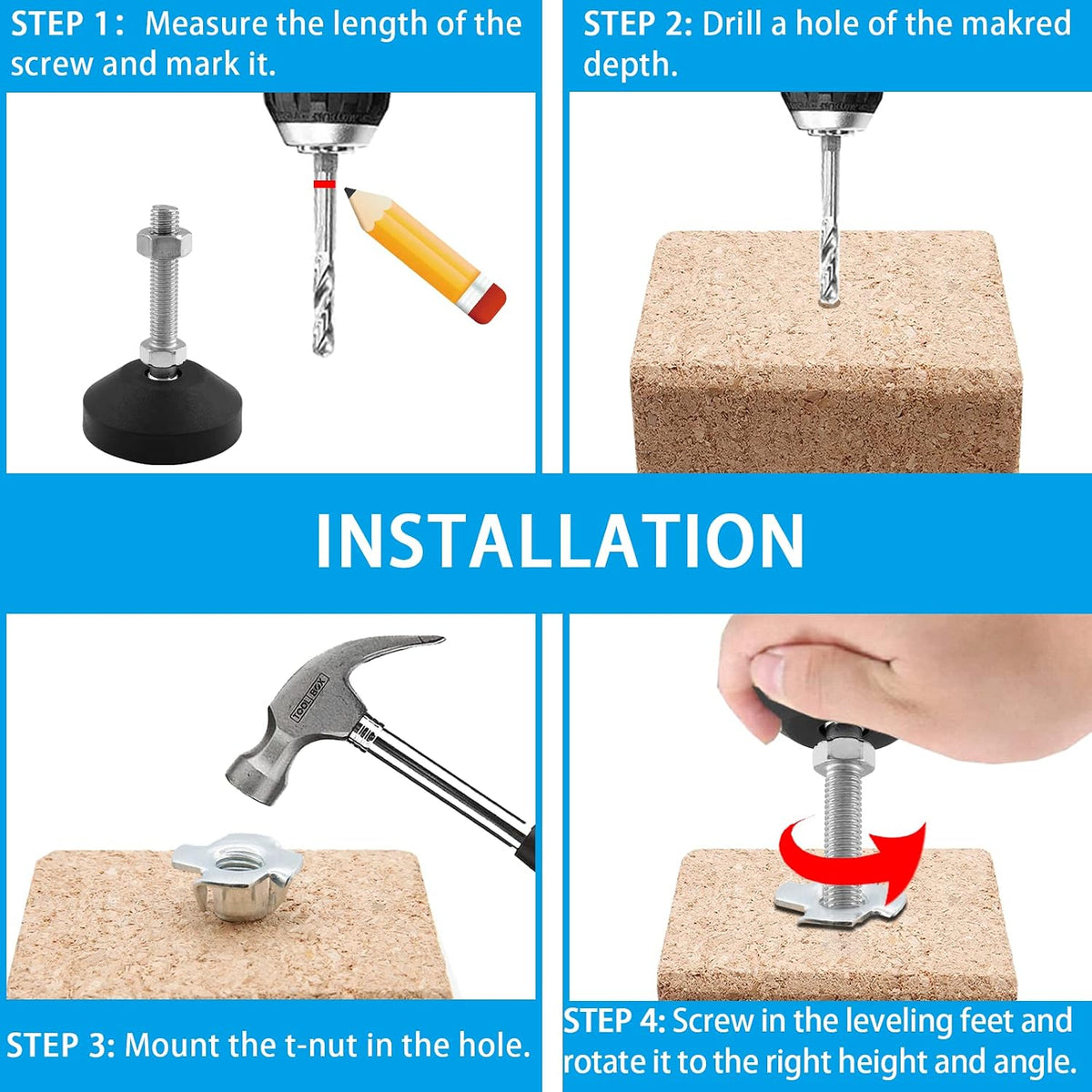 Luomorgo M12 Leveling Feet with T-Nut, D50 x M12 x H50, 4 Pcs