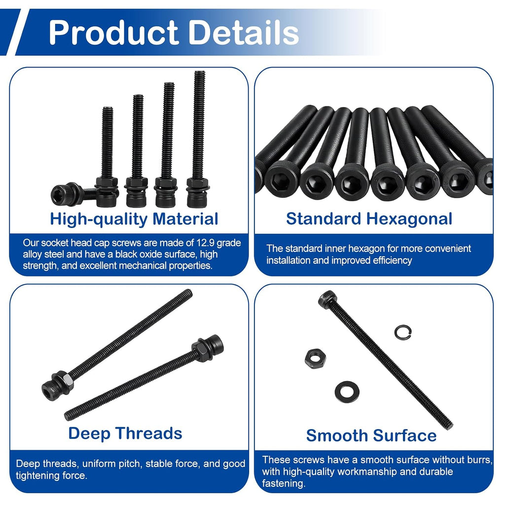 201Pcs M5 x 30-50mm Socket Head Cap Screws Assortment, with Nuts Washers