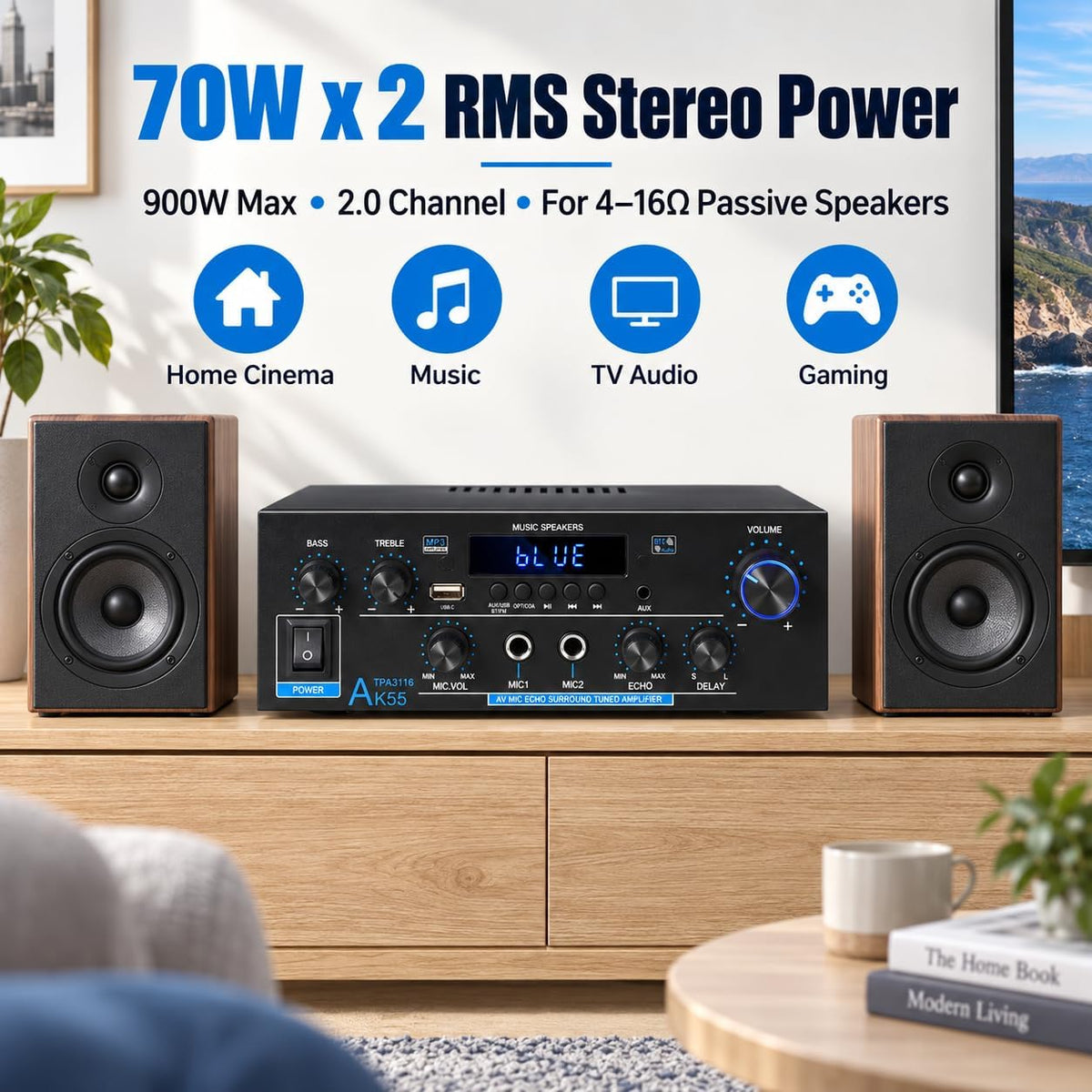 AK55 Stereo Amplifier Home Audio, Bluetooth 5.0 Max 600W Power Stereo Receivers 2.0 Channel Audio Amplifier for