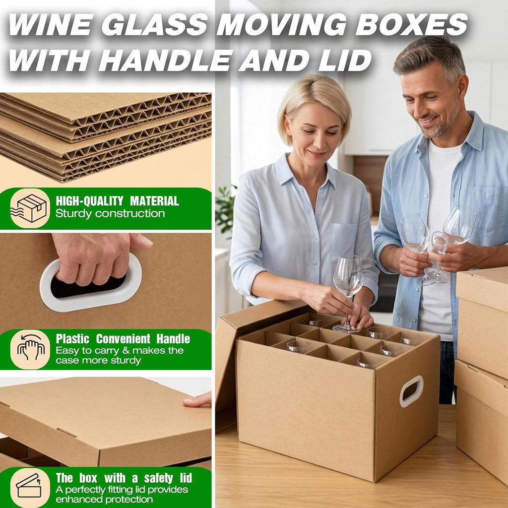 Wine Glass Moving Boxes with Handles & Lids,2 Pack Glass Packing Boxes