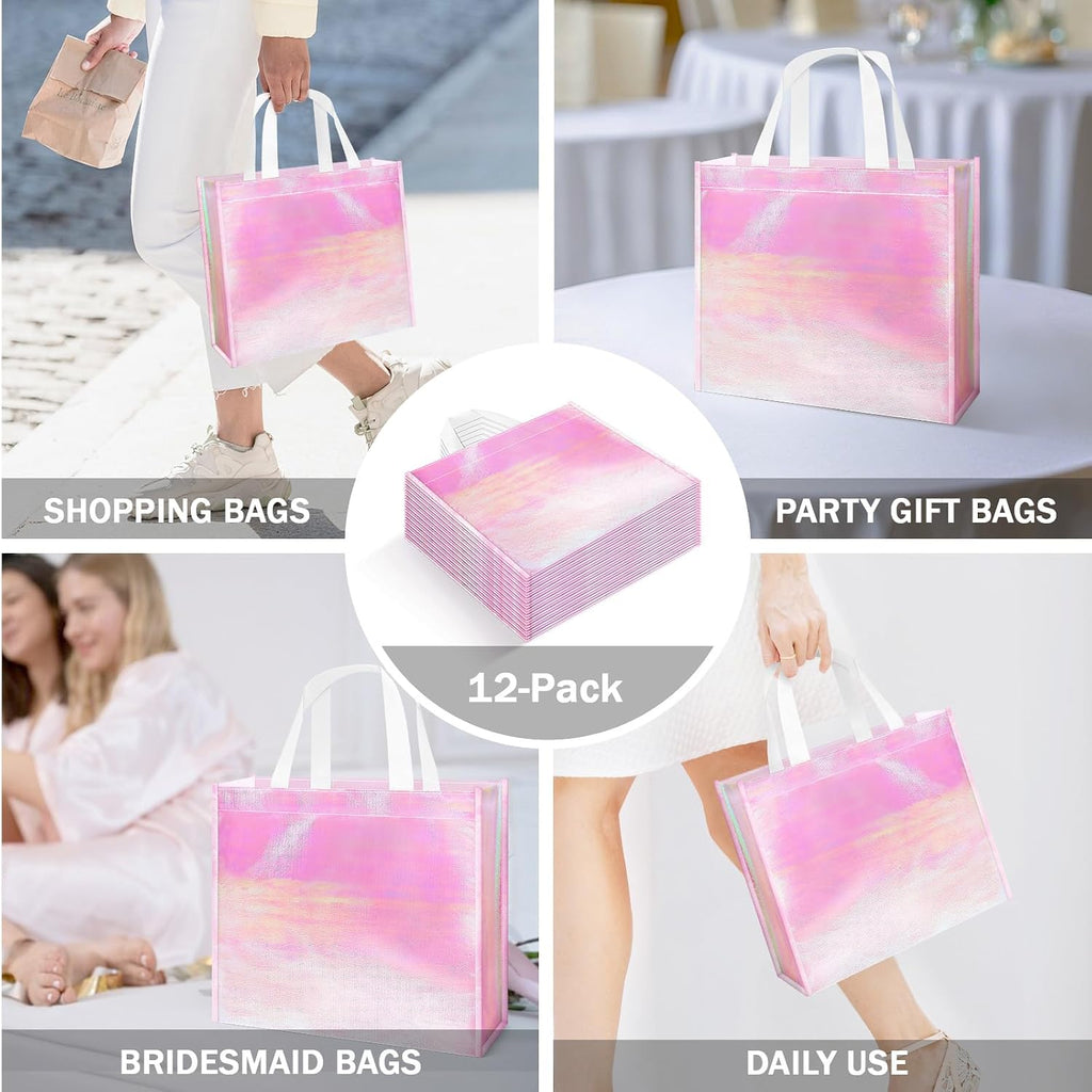 12 Pcs Reusable Glossy Gift Bag, Non-woven Tote Grocery Bag with Handle, Foldable Party Favor Gift Bags