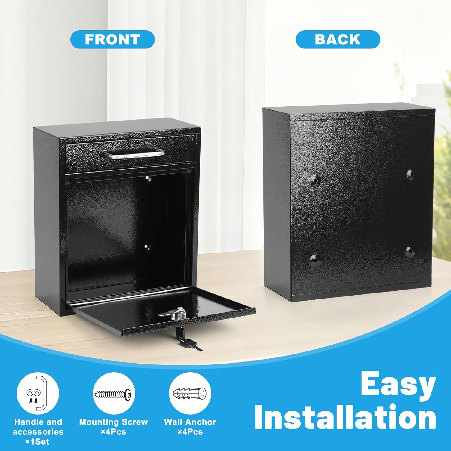 Steel Key Lock Mail Boxes for Outside, Locking Wall Mount Mailbox, Security Key Drop Box for Home, Office or