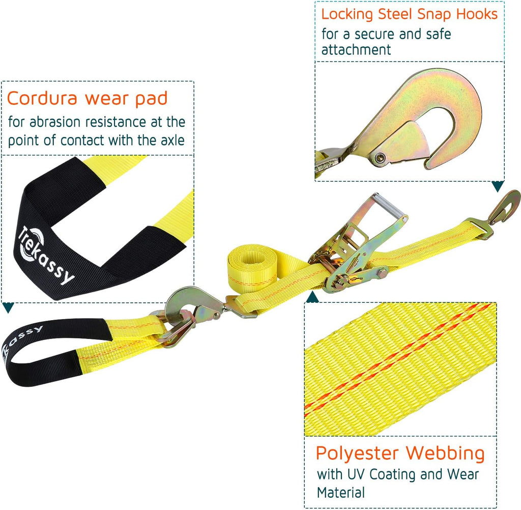Car Tie Down Straps for Trailers, 2 Inch x 96 Inch Heavy Duty Car Hauler Ratchet Straps, 4 Pack Axle Straps