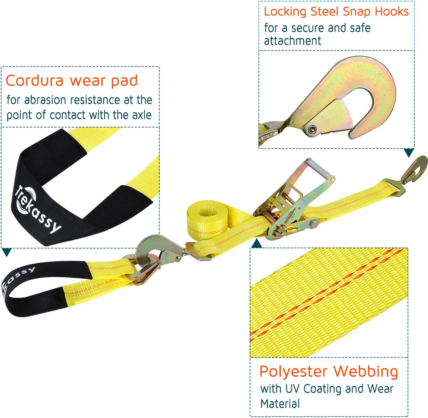 Car Tie Down Straps for Trailers, 2 Inch x 96 Inch Heavy Duty Car Hauler Ratchet Straps, 4 Pack Axle Straps