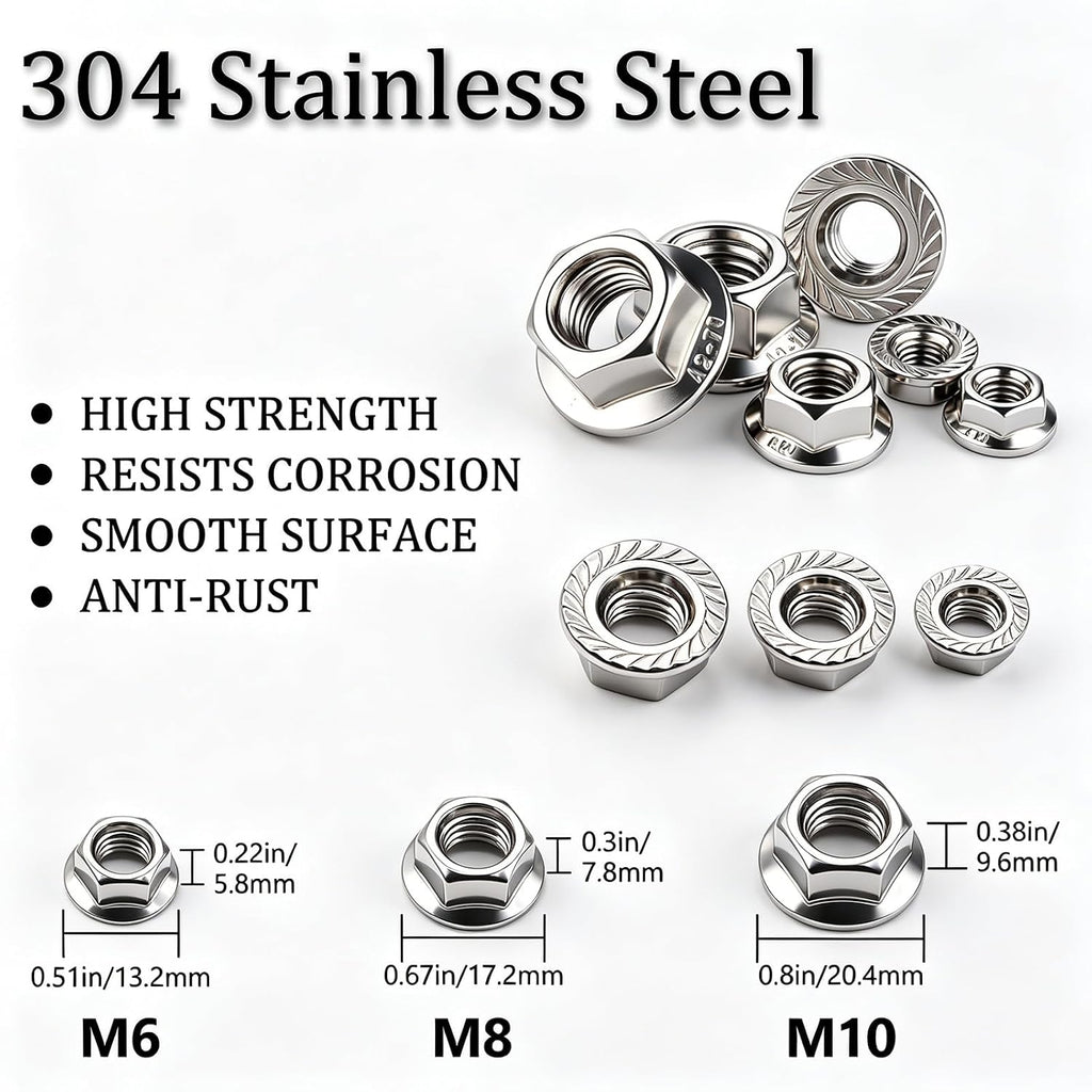 20PCS M10 x 1.5mm Thread 304 SS Hex Flange Nuts