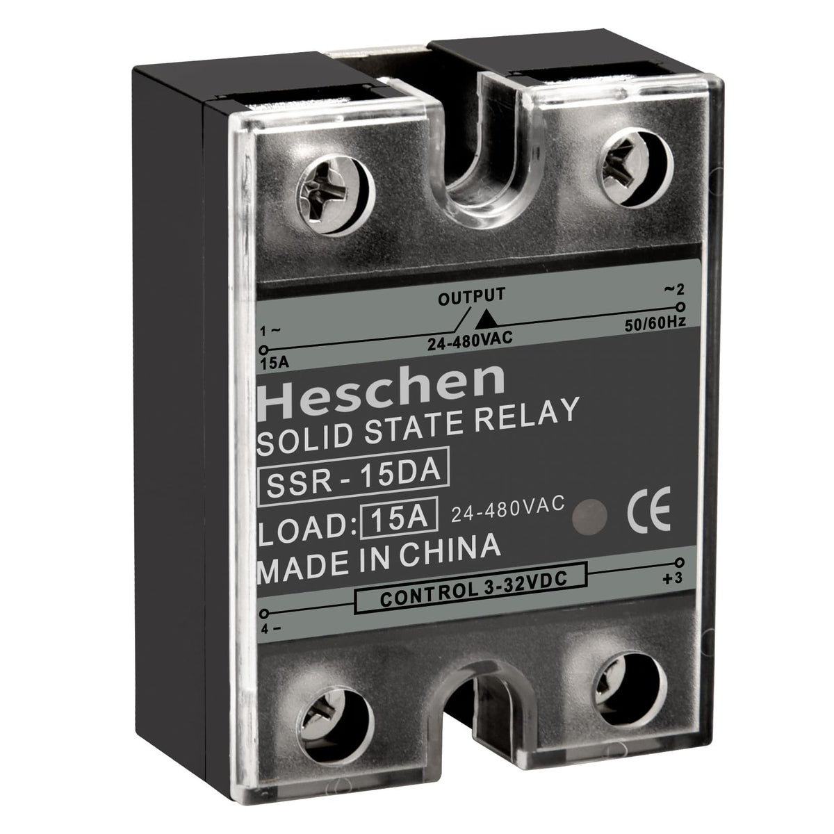 Heschen Single Phase DC/AC Solid State Relay, SSR-15DA, Input 4-32VDC, Output 24-480VAC, 15A 50-60Hz