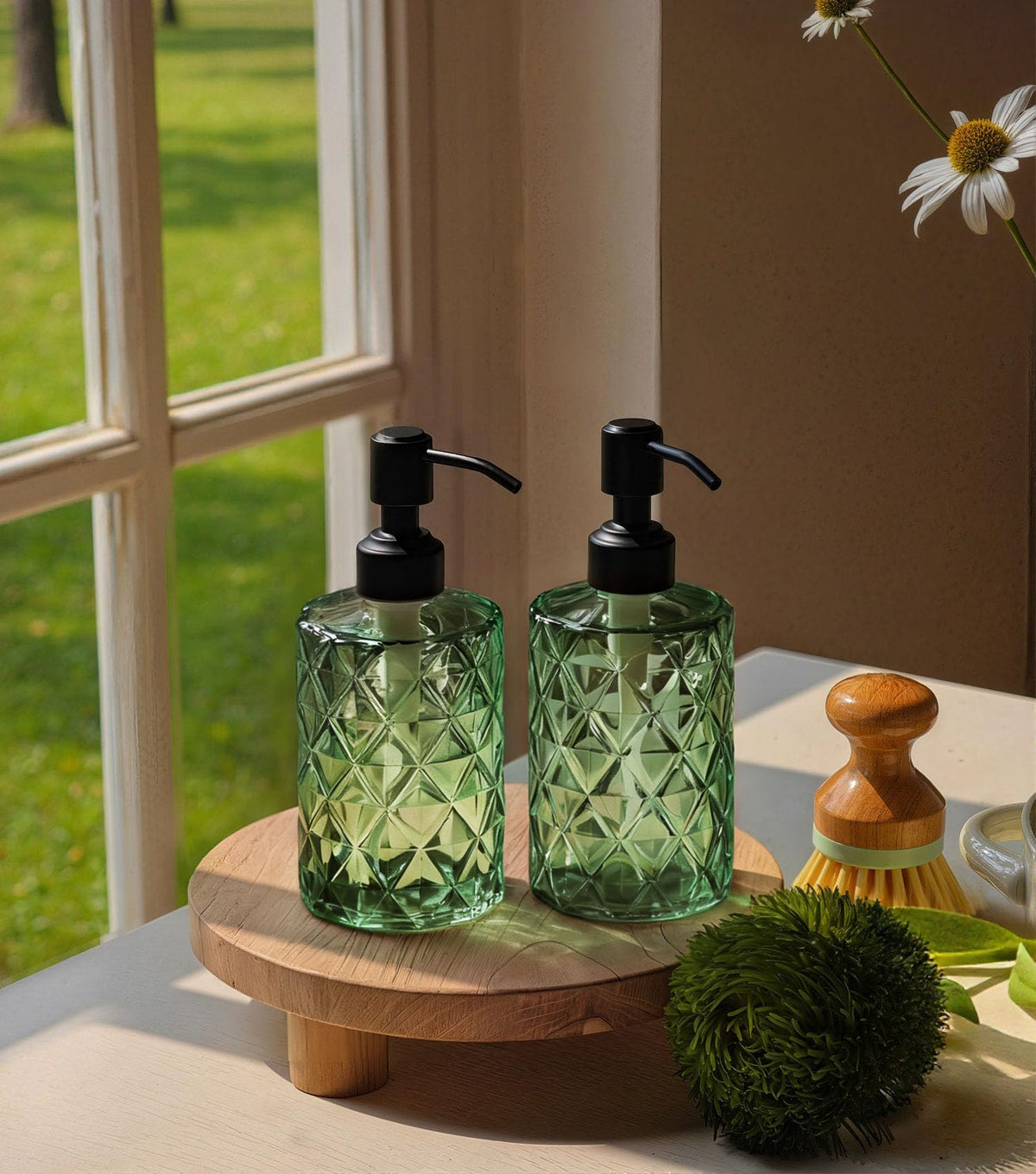 Forest Green Glass Soap Dispenser with Black Rustproof Pump