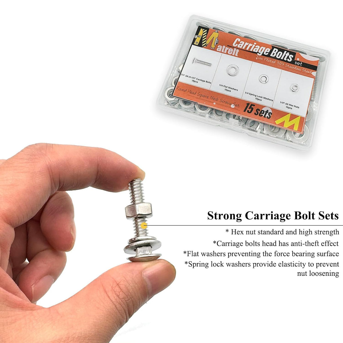 15 Sets 1/4"-20 x1-1/4 Carriage Bolts Round Head Square Neck Screws with Hex Nuts Flat Washers Spring Lock Washers