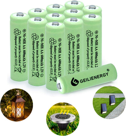 Ni-MH AA Rechargeable Batteries,Ni-MH AA 600mAh 1.2V Rechargeable Batteries for Solar Lights-12 Pack