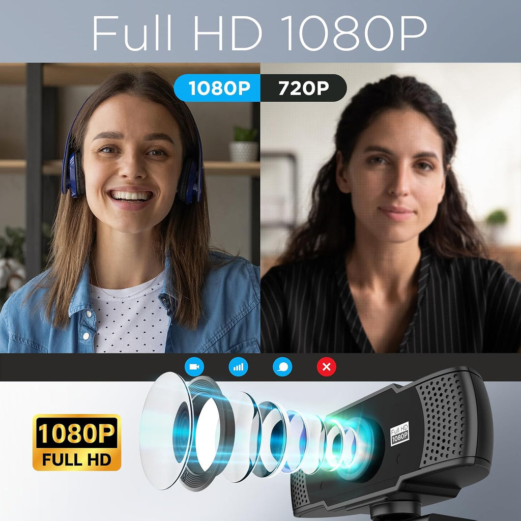 Full HD 1080P Webcam with Dual Microphones & Privacy Cover for PC, Desktop, Laptop, Plug&Play USB Computer Camera
