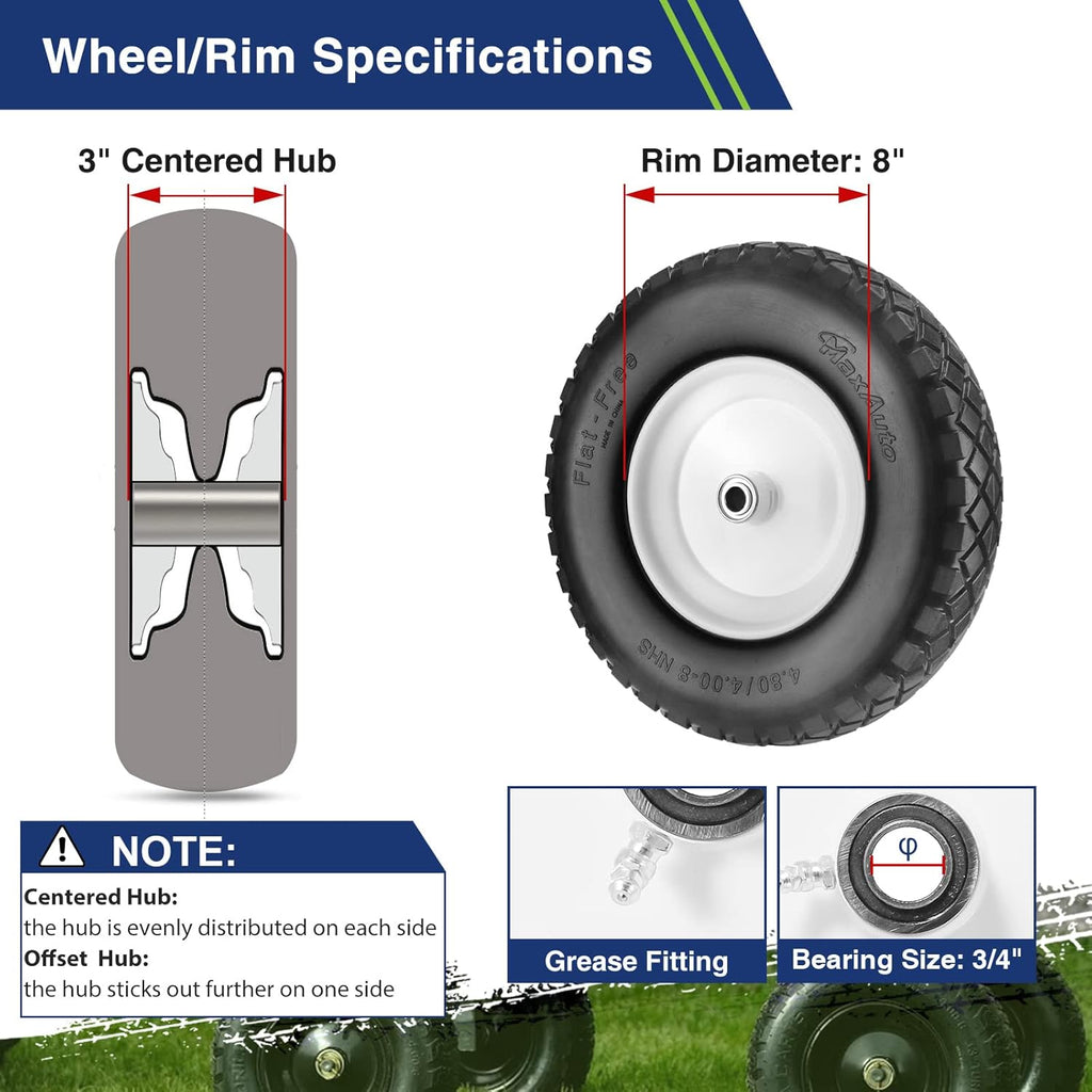 4.80 4.00-8 Flat-Free Wheelbarrow Tire, 4.80/4.00-8 Tire and Wheel w/Grease Fitting, 3" Centered Hub, 3/4" Bearings