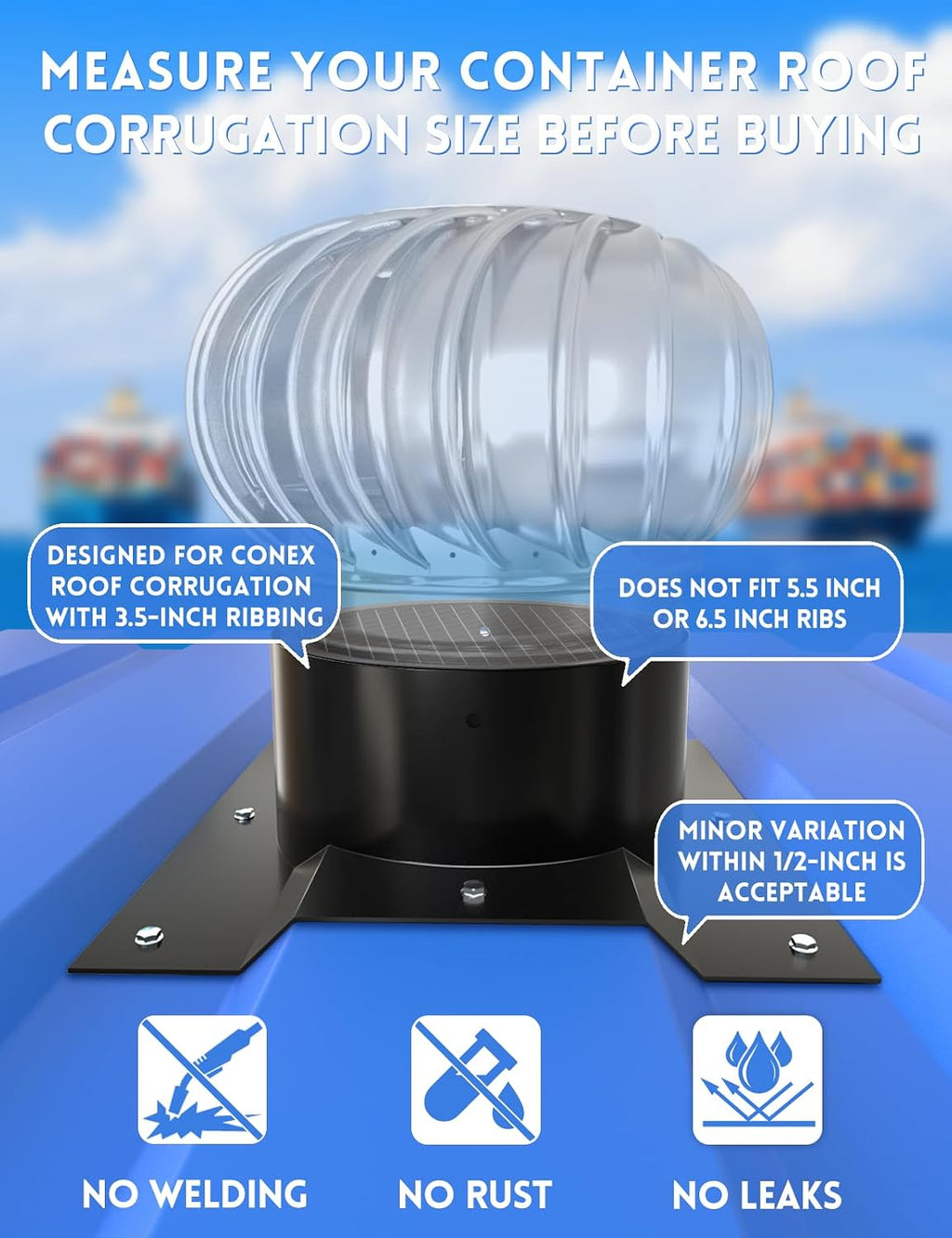 8" Roof Whirlybird Turbine Vent Adapter with Built-in Metal Mesh, Shipping Container Corrugated Roof Vent Adapter for