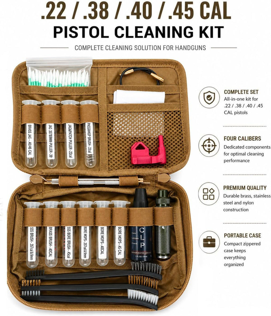 Pistol Basics Single-Caliber Cleaning Kit, Handgun Cleaning kit for 9mm, .22, .380, .40, .45Cal with Gun Snakes in