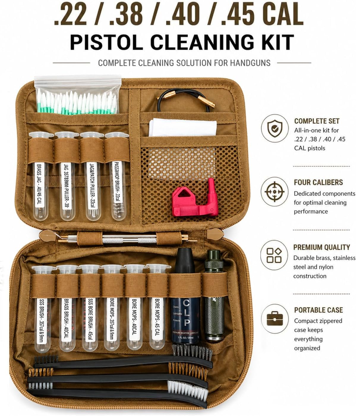 Pistol Basics Single-Caliber Cleaning Kit, Handgun Cleaning kit for 9mm, .22, .380, .40, .45Cal with Gun Snakes in