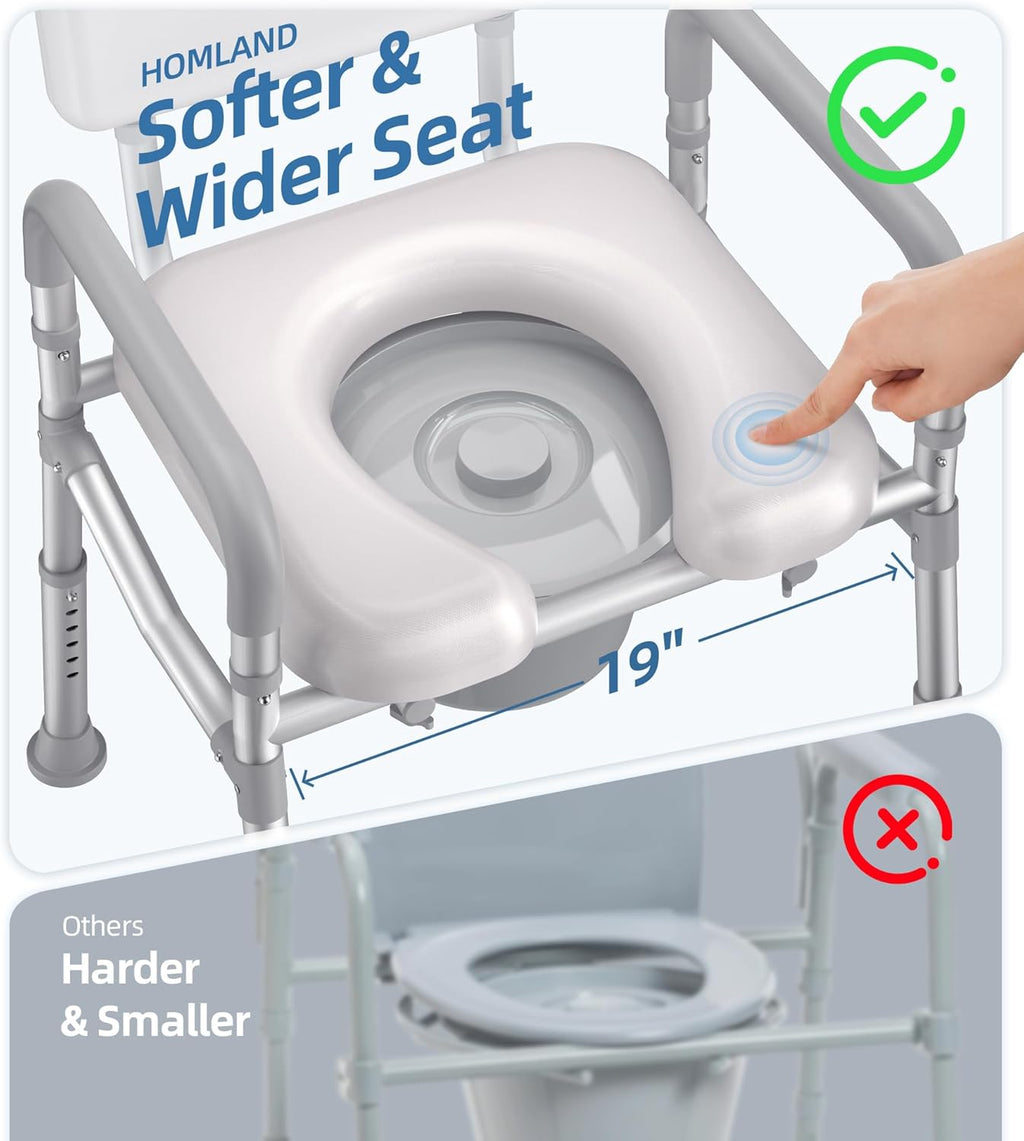 Bedside Commode with Padded Seat and Backrest, Aluminum Commode Toilet with Bucket, Easy Cleaning Portable Toilet for