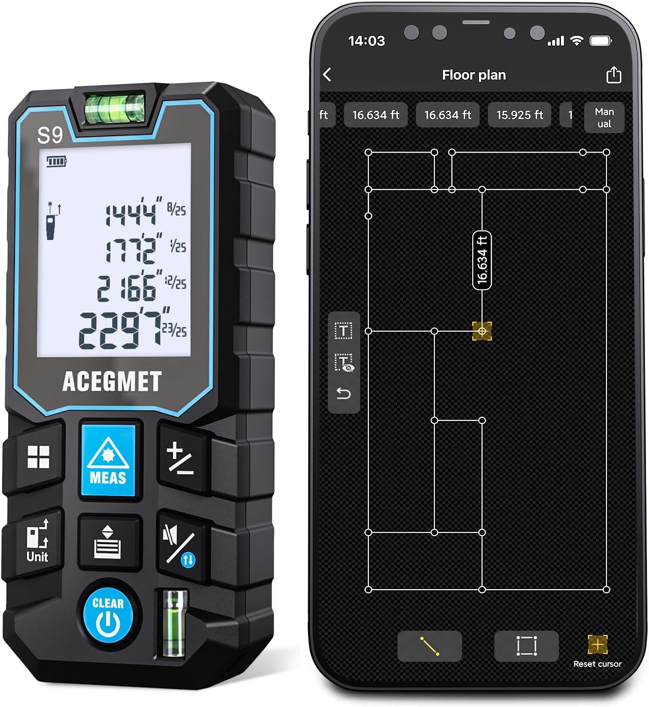 Laser Measure with Phone App, 229ft/70m Laser Measurement Tool with 2 Bubble Levels, LCD Backlit Display, IP54