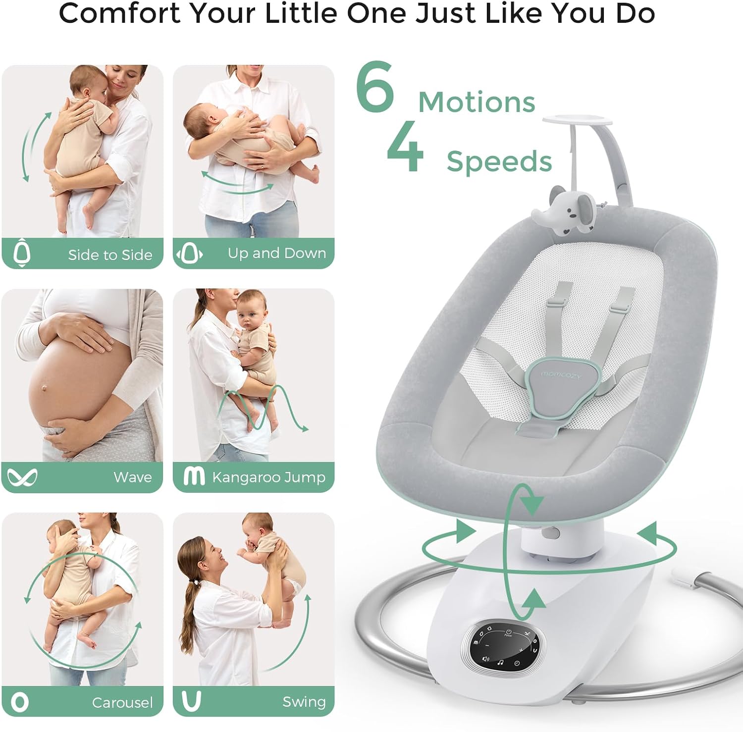 CocoSway Electric Baby Swing for Infants, 180° Rotating Seat, Grey | 6 Parent-Like Sway Motions, 4 Speeds, Remote