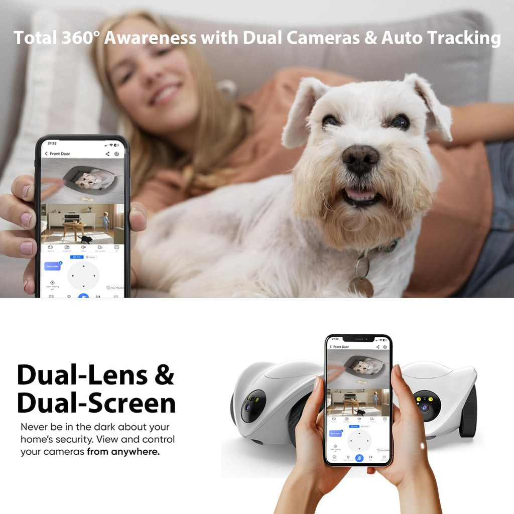 Robot Pet Camera with One-Tap Treat Dispensing | Mobile 360° Monitor, 2-Way Audio, and Smart Tracking | No Monthly