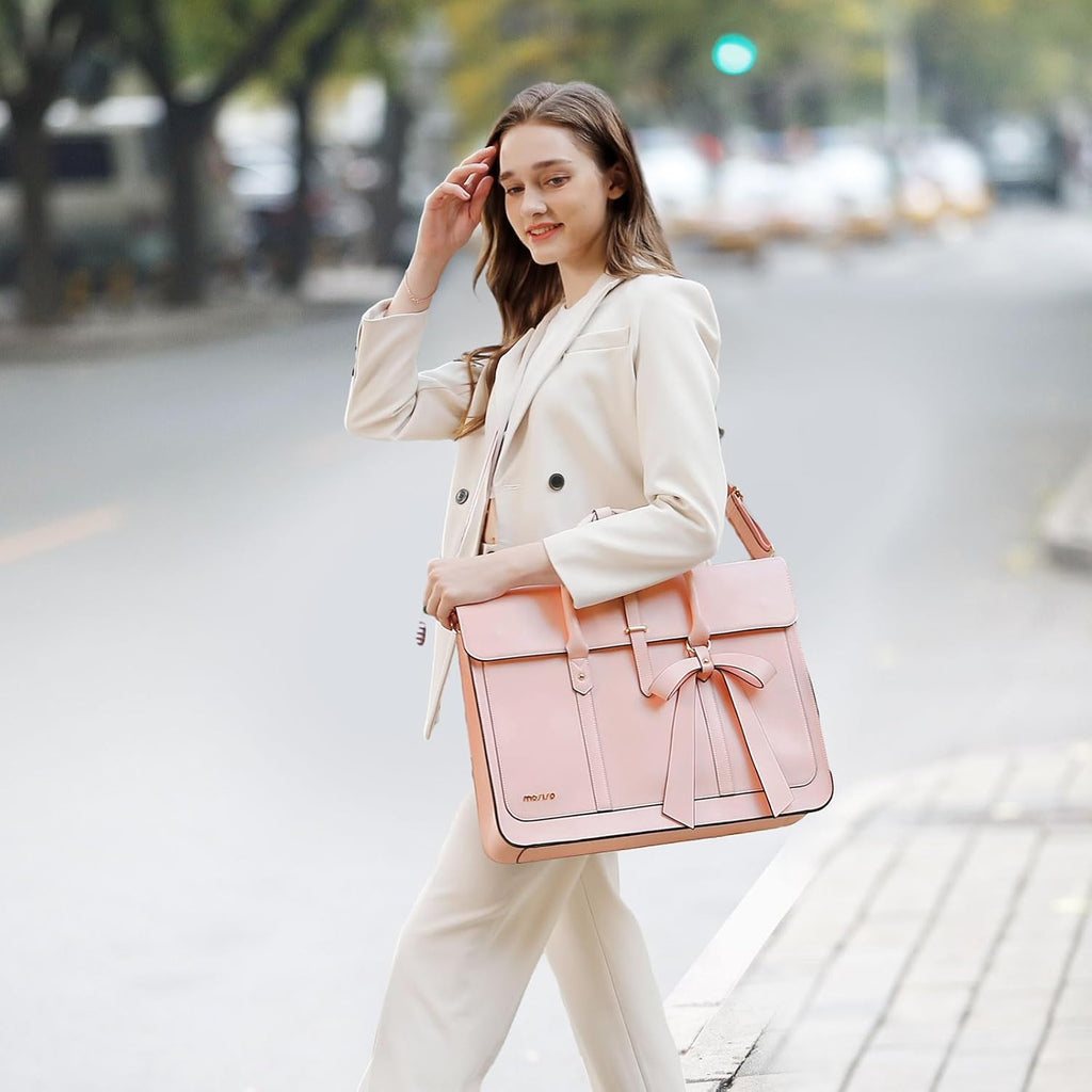 Laptop Bag for Women, PU Leather Laptop Shoulder Bags Convertible Backpack, Work Travel Computer Bag with Bowknot