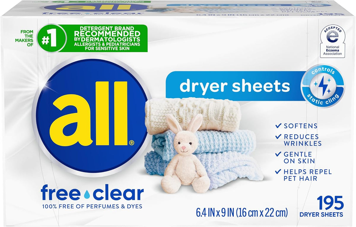 free clear Fabric Softener Dryer Sheets for Sensitive Skin, 195 Count