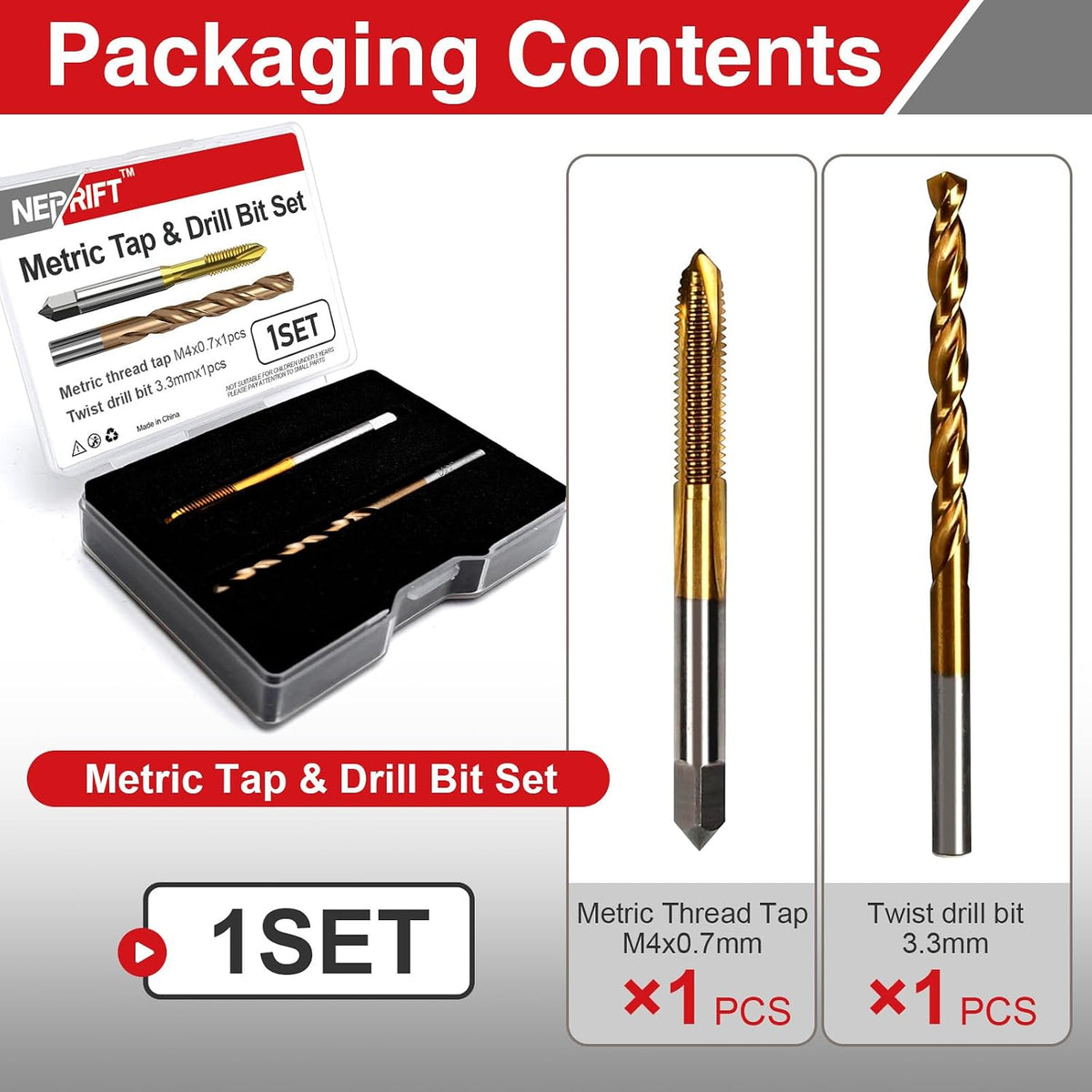 M4x0.7 Tap and 3.3mm Drill Bit Set, HSS M2 Taps and M35 Cobalt Drill Bits