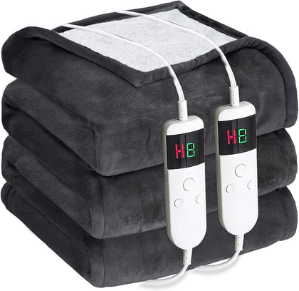 Electric Heated Blanket King Size 90''x100'' - Dual-Control Heating Blanket, Soft & Warm Flannel 10-Level Temperature