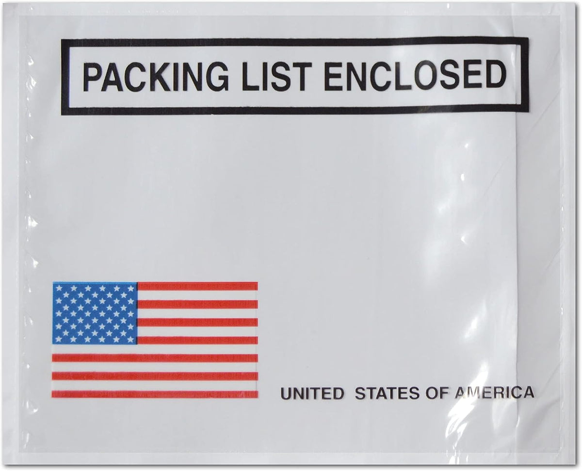 PSBM Bulk 1000 Pack 4 1/2" x 5 1/2" Back Loading Packing List Envelopes, Self-Adhesive USA Panel for E-Commerce Orders