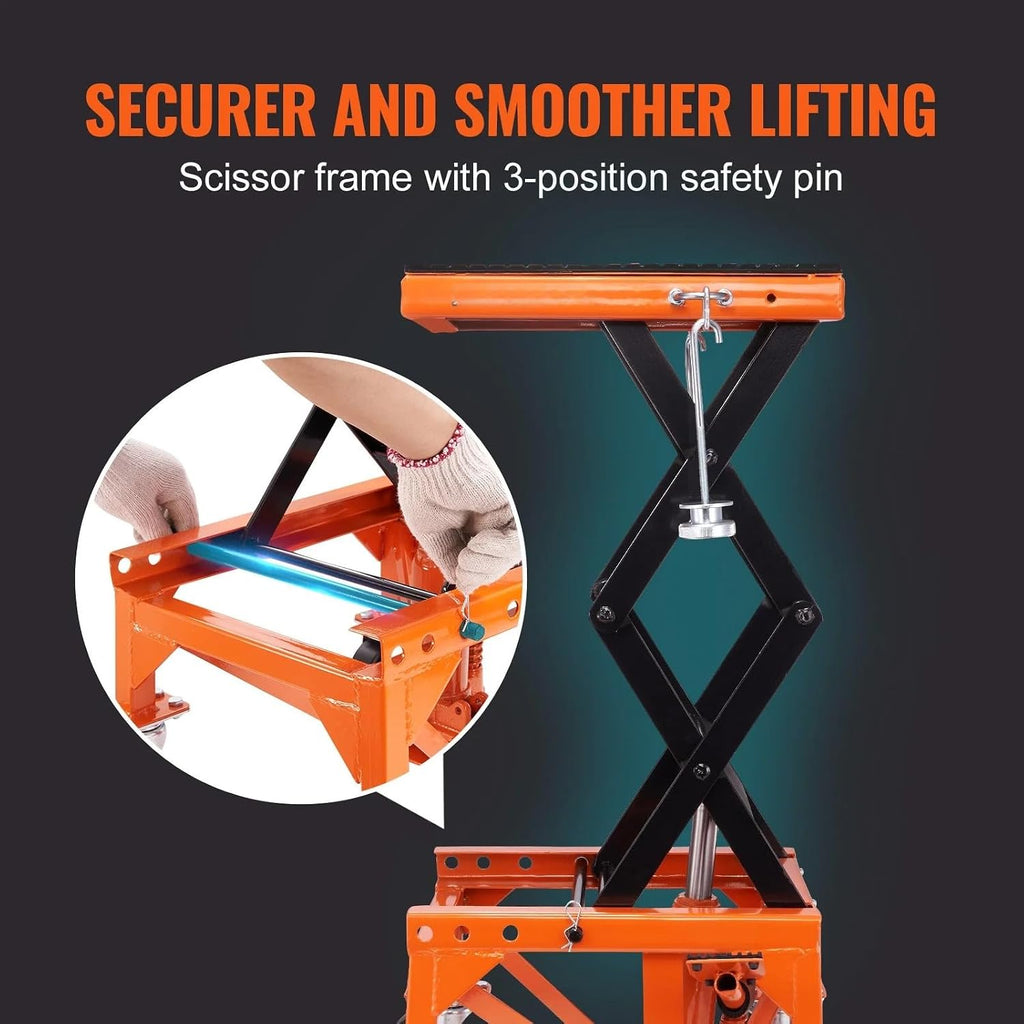 Hydraulic Motorcycle Lift Table, 350 LBS Capacity Motorcycle Scissor Jack Lift with Wide Deck, J-Hooks, 4 Wheels