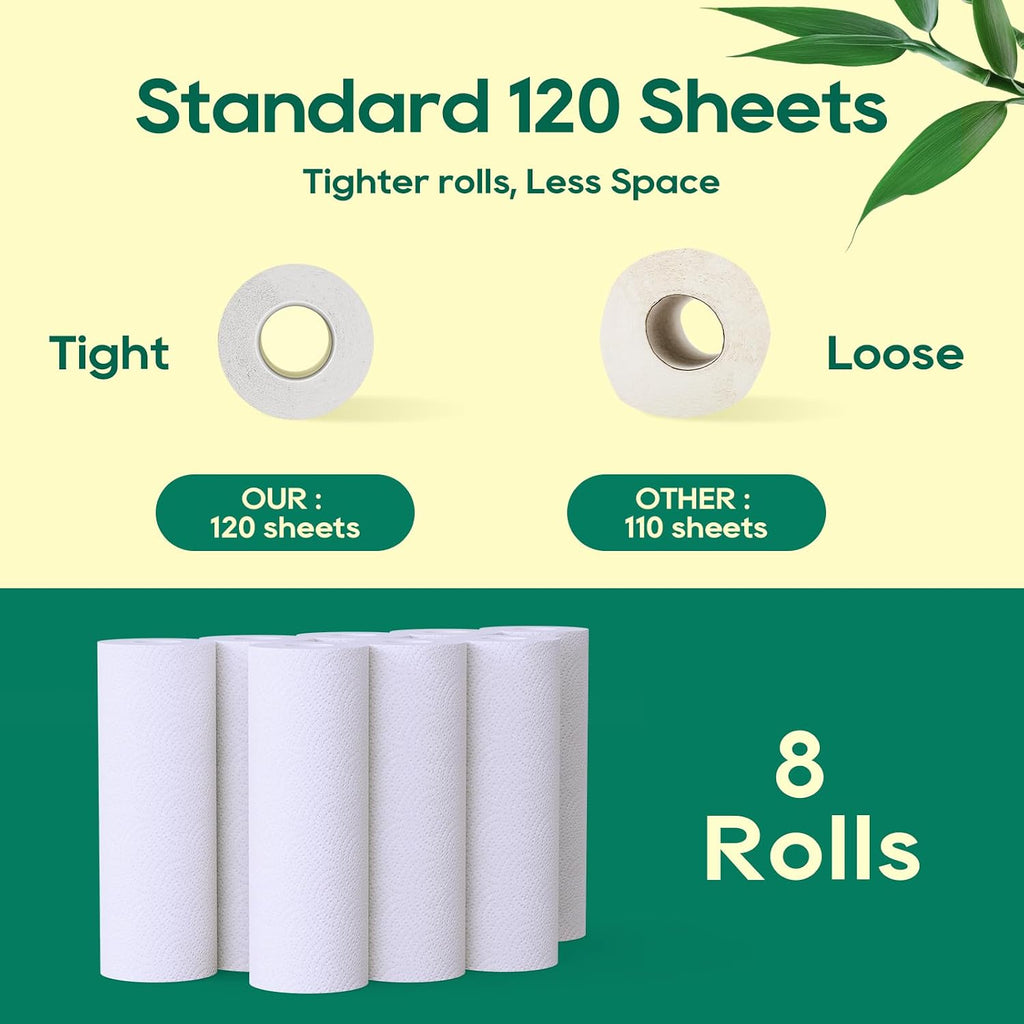 Bamboo Paper Towels, 8 Rolls, 2 Ply 120 Sheets, White