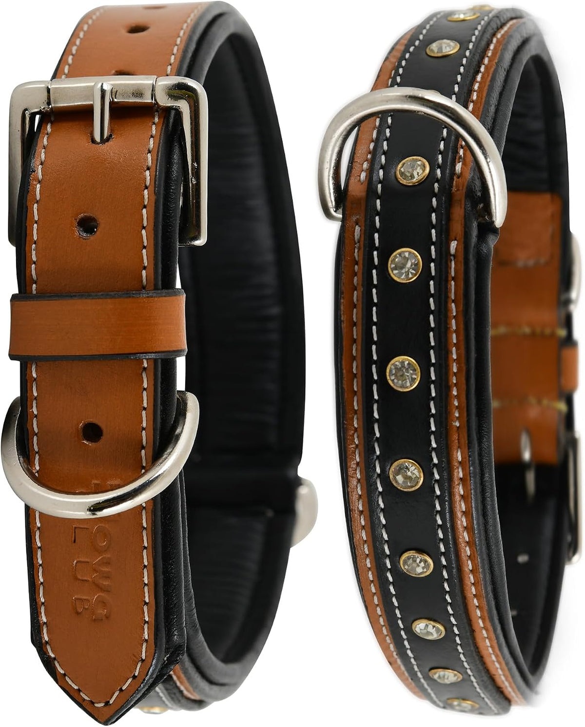 GemForge Duo Leather Dog Collar, Soft Padded, Medium, Brown