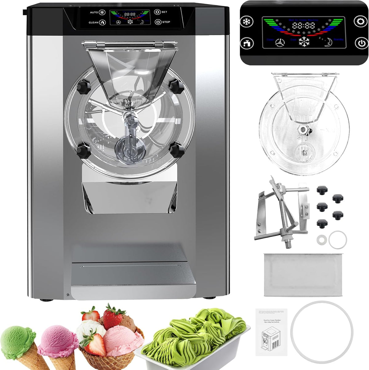 2000W Commercial Ice Cream Machine, 4.8-6.4 gal/H Single Flavor Countertop Hard Serve Ice Cream Maker, Hard Ice Cream