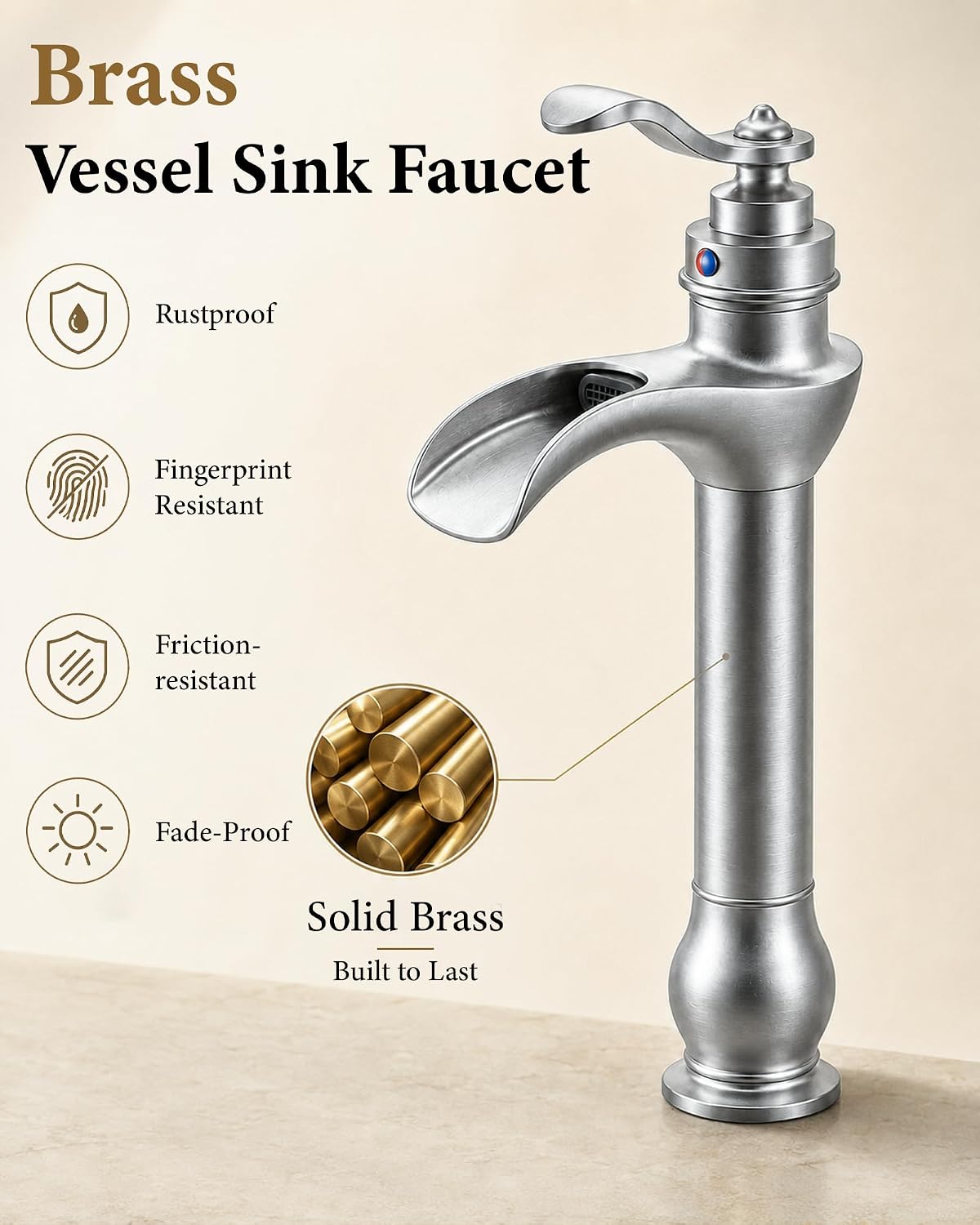 Vessel Sink Faucet Brushed Nickel Tall Waterfall Bathroom Faucet