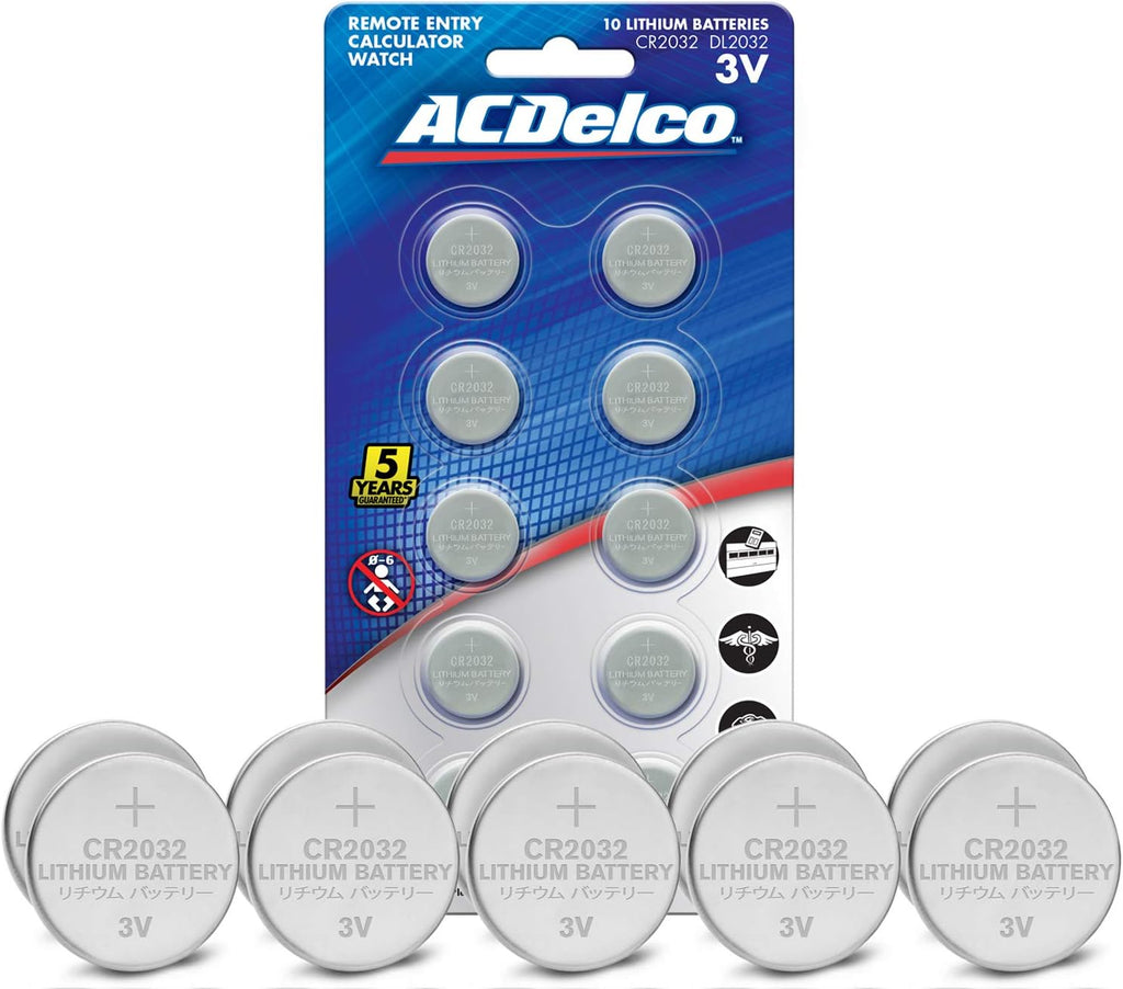 ACDelco CR2032 3V Lithium Coin Cell Battery, Watch and Electronics Button Batteries, 10-Count,Silver,AC669