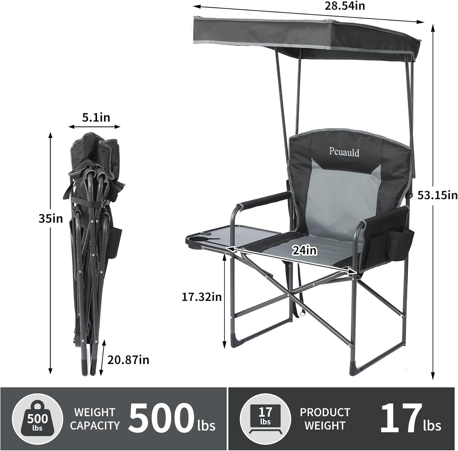 Oversized Camping Chairs with Canopy Foldable Directors Chair with Side Table & Pockets Portable Adults Heavy Duty